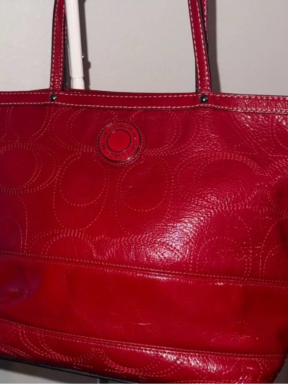 Coach Red Signature Embossed Leather Tote